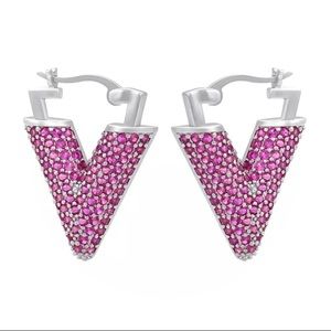 🆕 Dainty White 14k Micro Pavè Ruby Encrusted Triangle Drop Earrings NWT